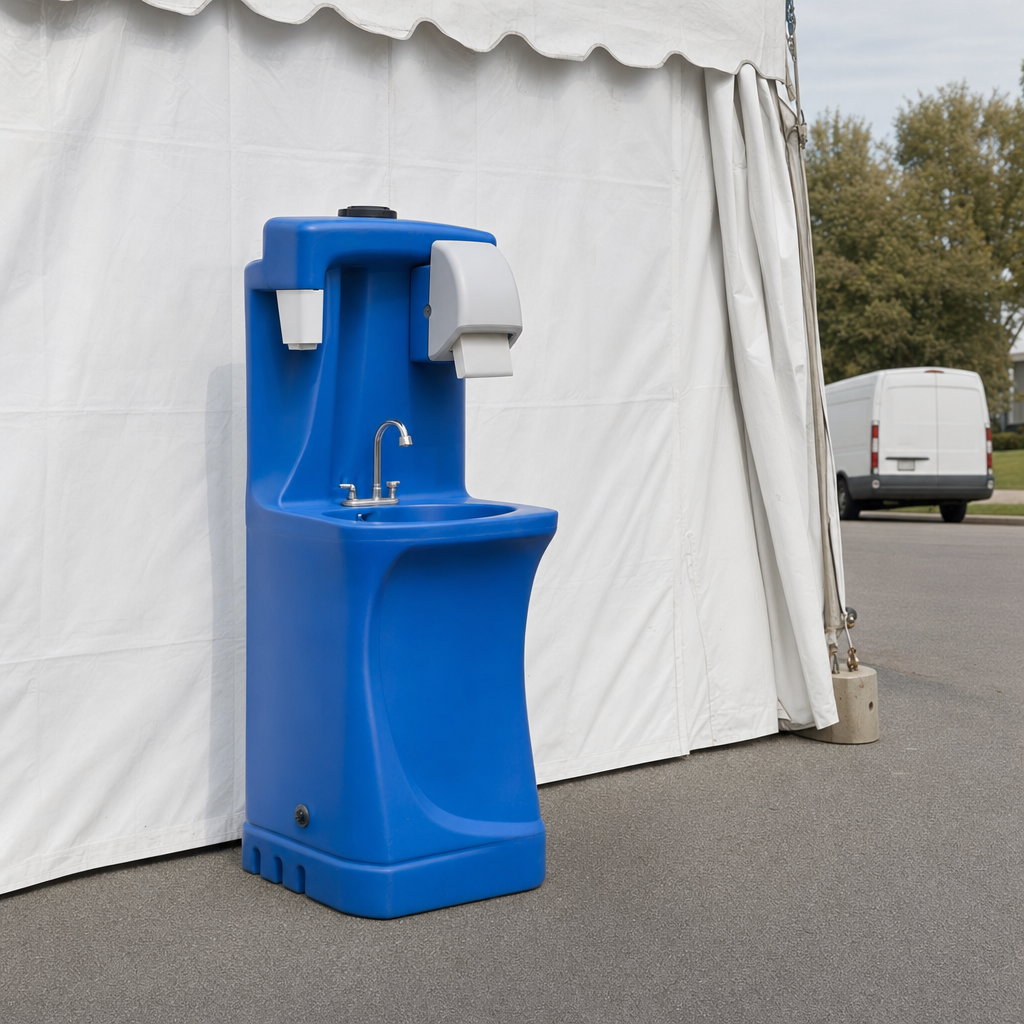 Battery-powered portable handwashing sink with single faucet, soap and paper towel dispensers, set up beside an event tent