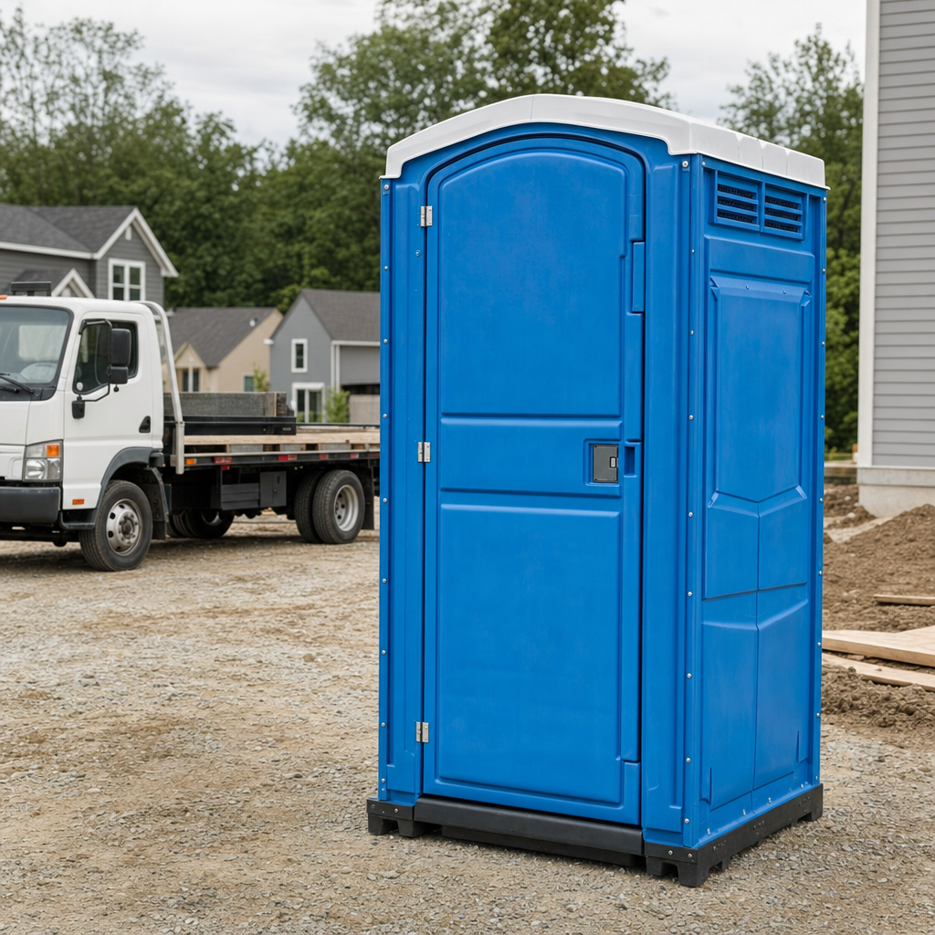Delivery driver positioning a clean royal-blue portable toilet on level ground at a Spring Valley worksite