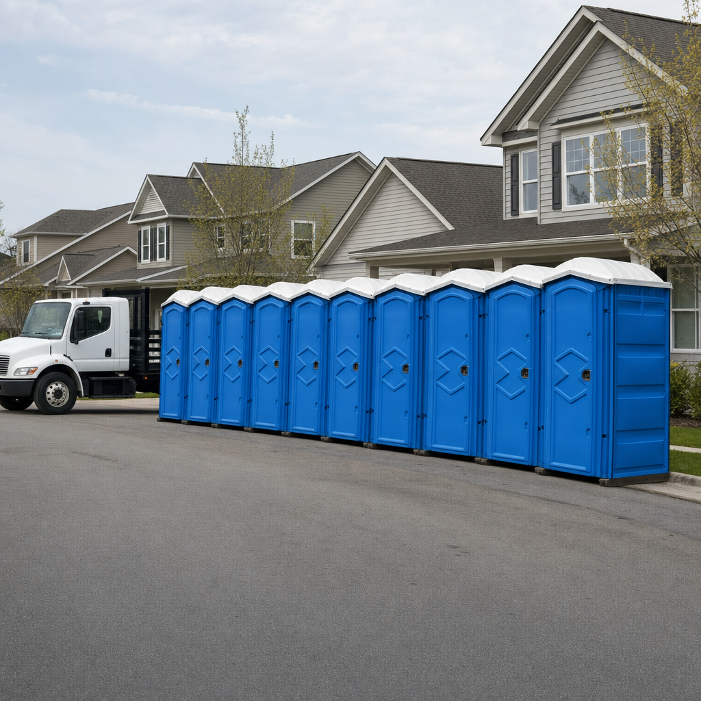 Royal blue portable toilets staged in a tidy row at a Spring Valley jobsite, ready for delivery